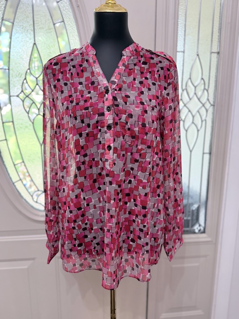 Jade Melody Tam Pink Abstract Print Blouse Sheer Top Size Medium